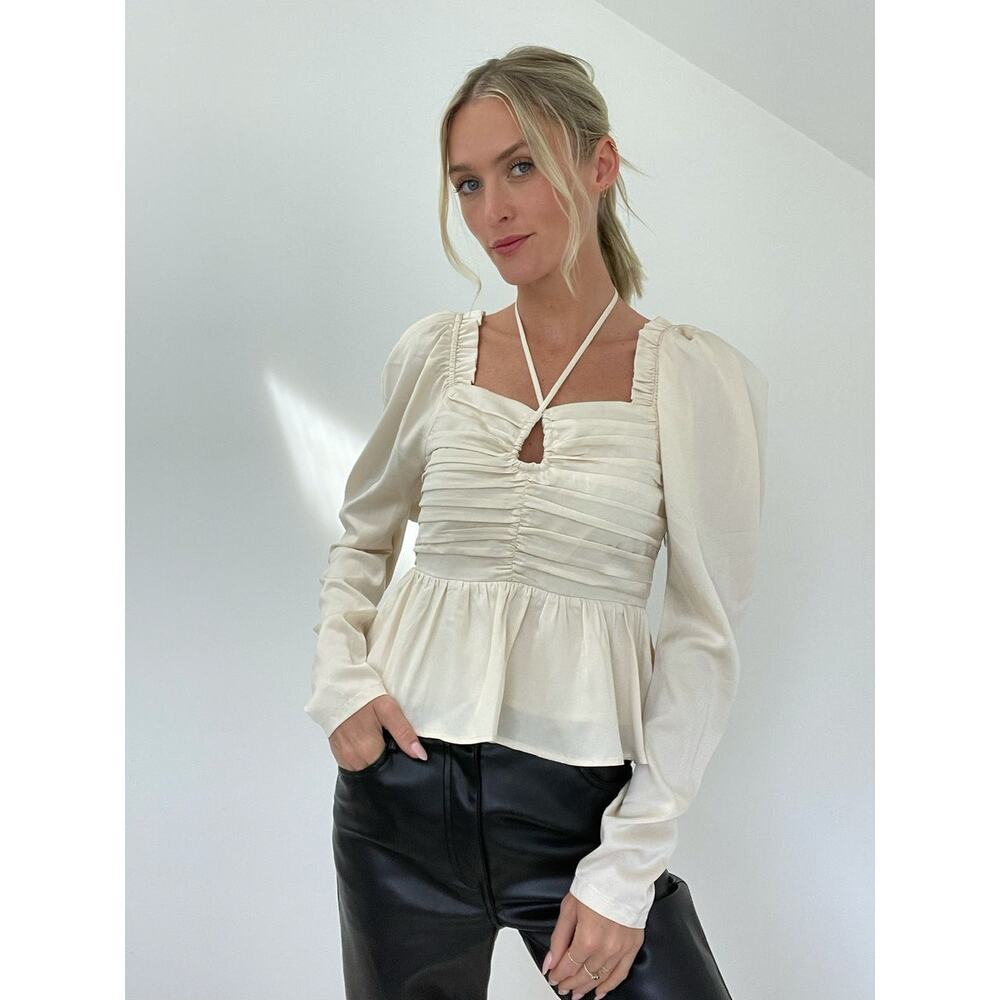 Six/Fifty Ruby Blouse - Ivory/White Tie-Neck Peplum - Size Large *NEW* Top